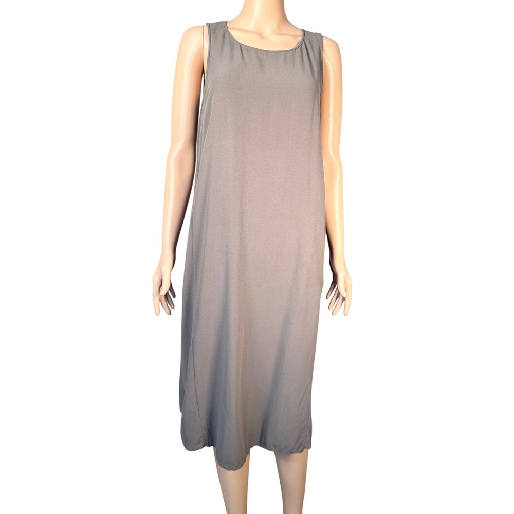 Eileen Fisher Taupe 100% Silk Sleeveless Round Neck Midi Shift Dress Size S